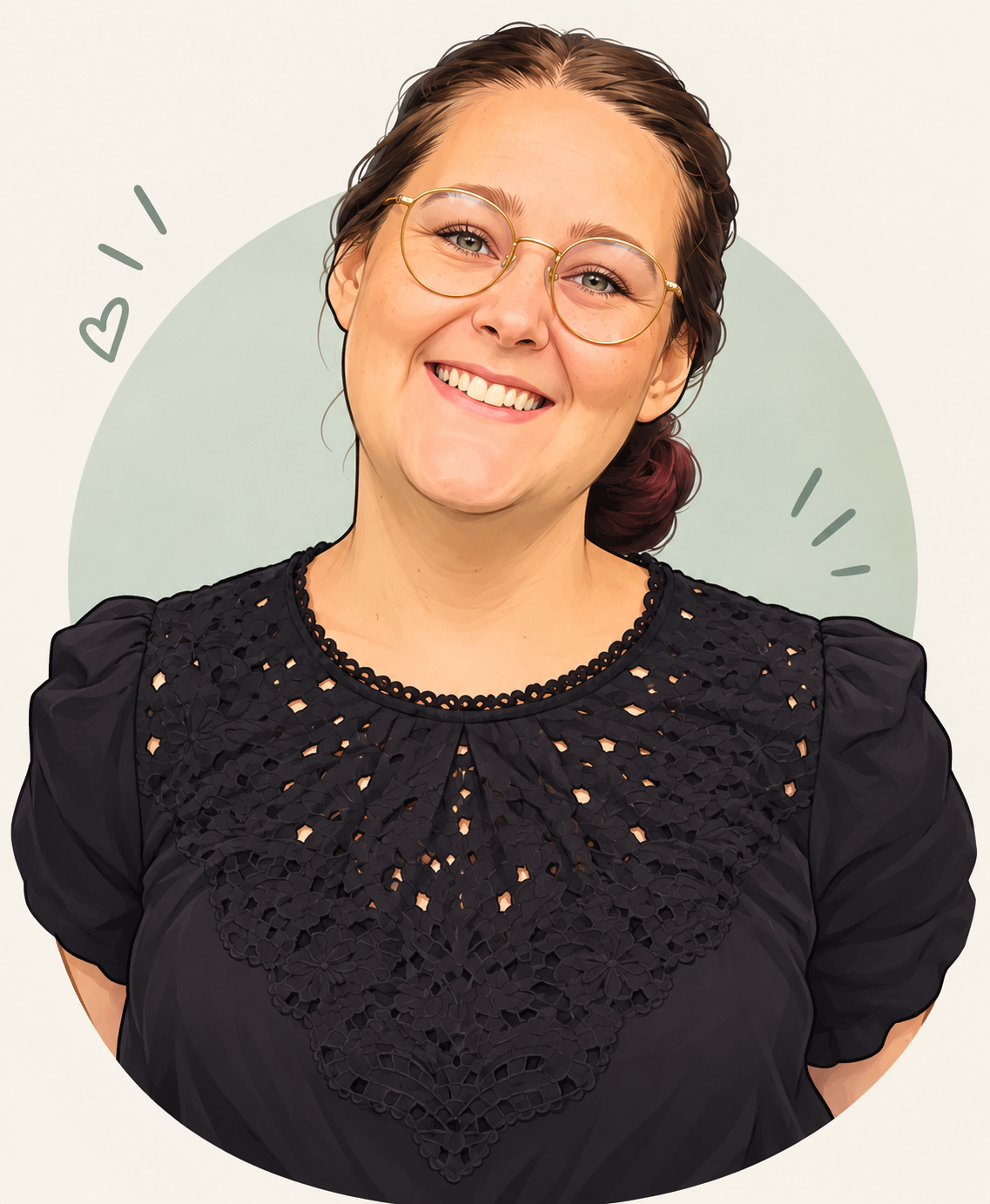 Illustration af Sophia med briller og et stort smil